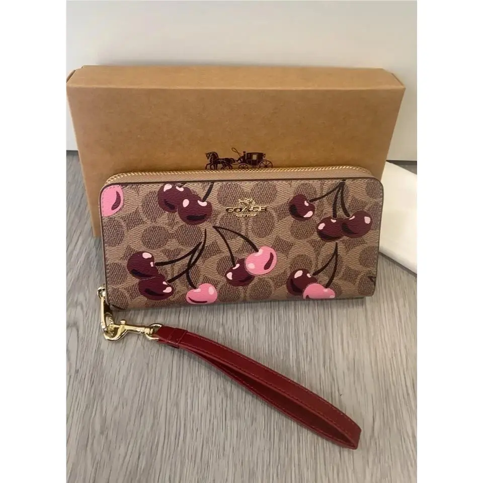 Coach Long Zip Around Wallet In Signature Canvas with Cherry Print CZ328