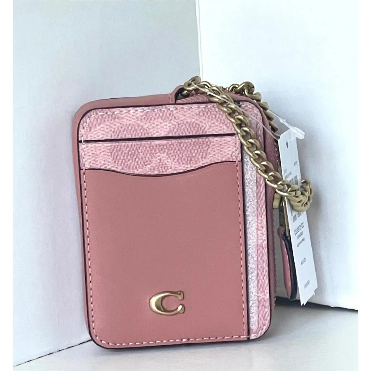 Coach Essential Chain Card Case CAO37 Signature Canvas Melon Pink Leather