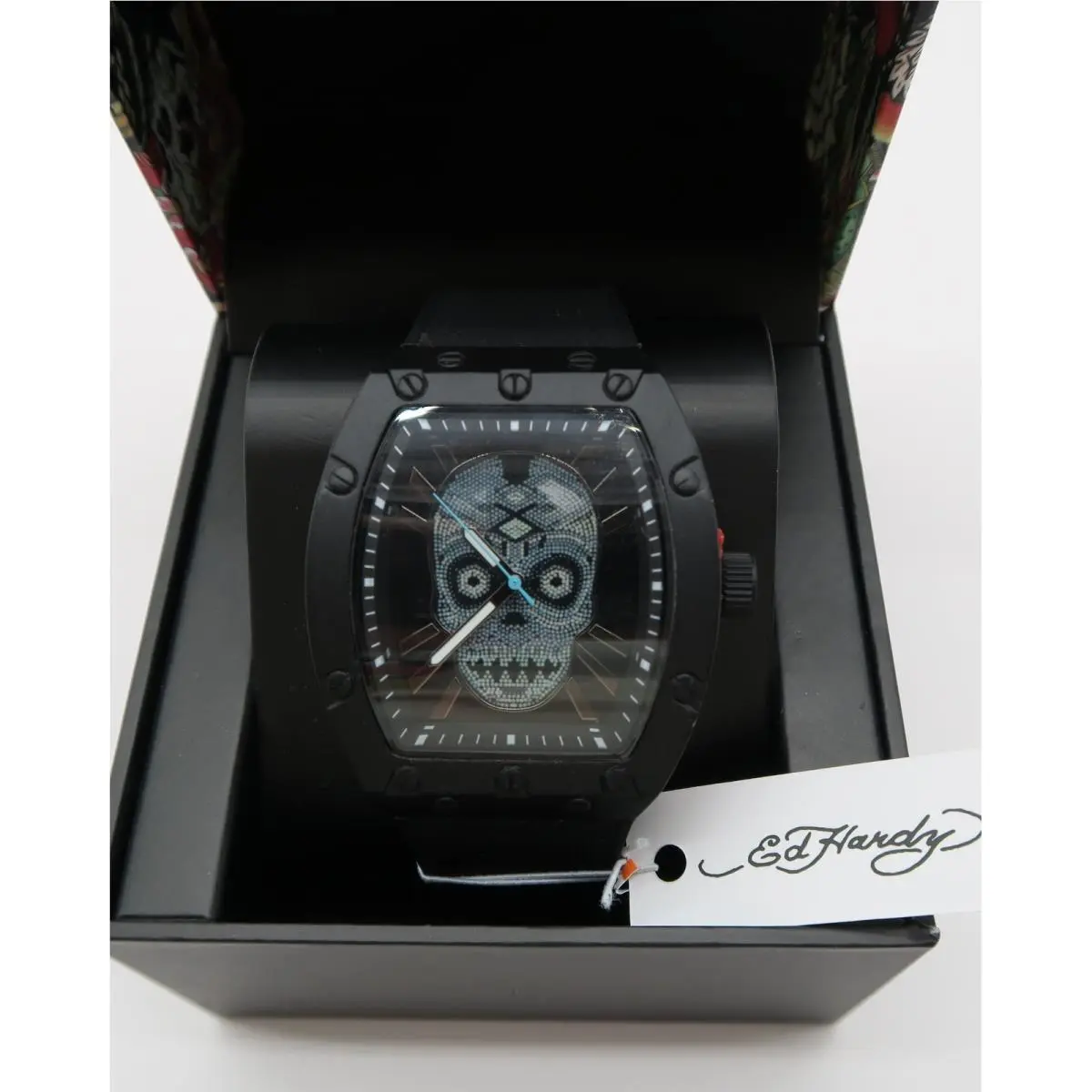 Mens Black Skull Crystal Dial Tonneau Silicone Strap Watch by Ed Hardy