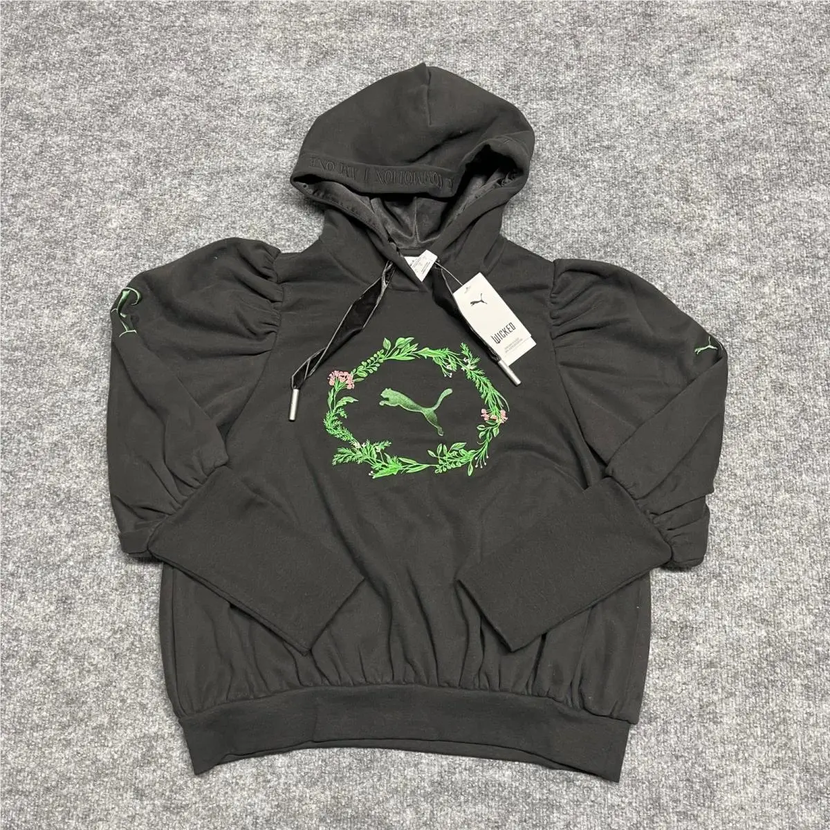 Puma x Wicked Elphie Hoodie Womens Small Black Fitted Puff Sleeve Baggy Collab