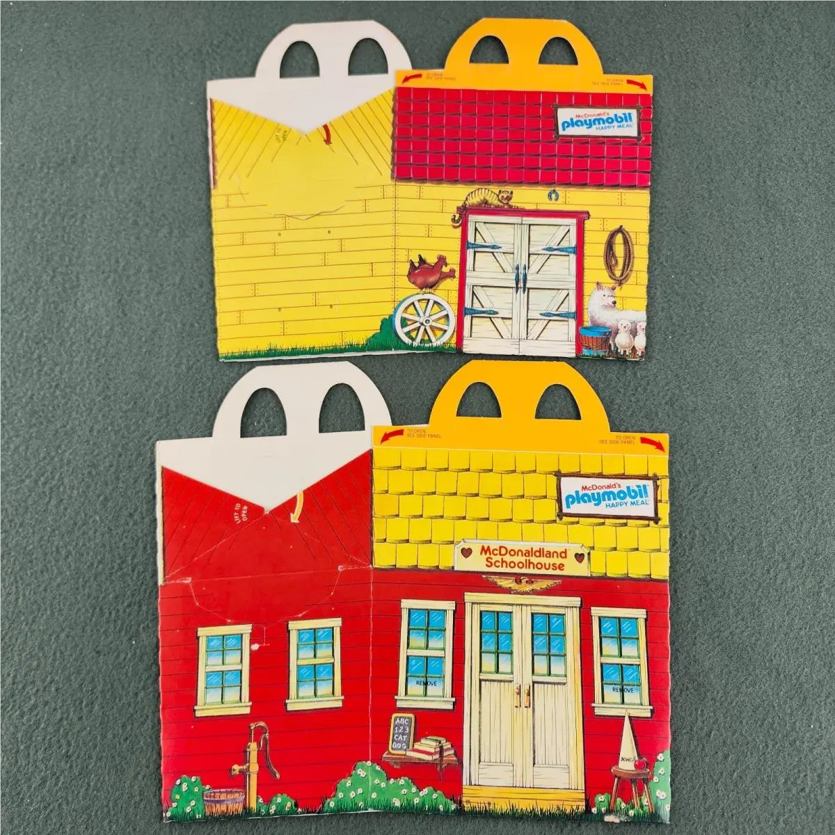 2x Playmobil Mcdonald`s Happy Meal Box 1982 Barn Schoolhouse Rare