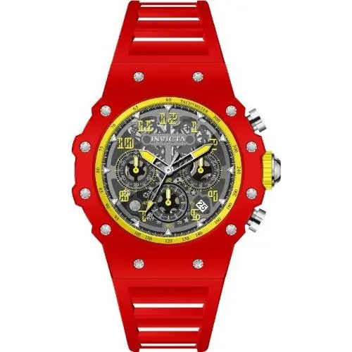 Invicta Mens 43.5mm Quartz Racing Vaulthan Red/yellow Tone Silicon Strap Watch - Dial: Black, Band: Black, Bezel: Yellow