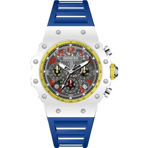 Invicta Mens 43.5mm Quartz Racing Vaulthan Silver/blue Tone Silicon Strap Watch - Dial: Black, Band: Black, Bezel: Yellow