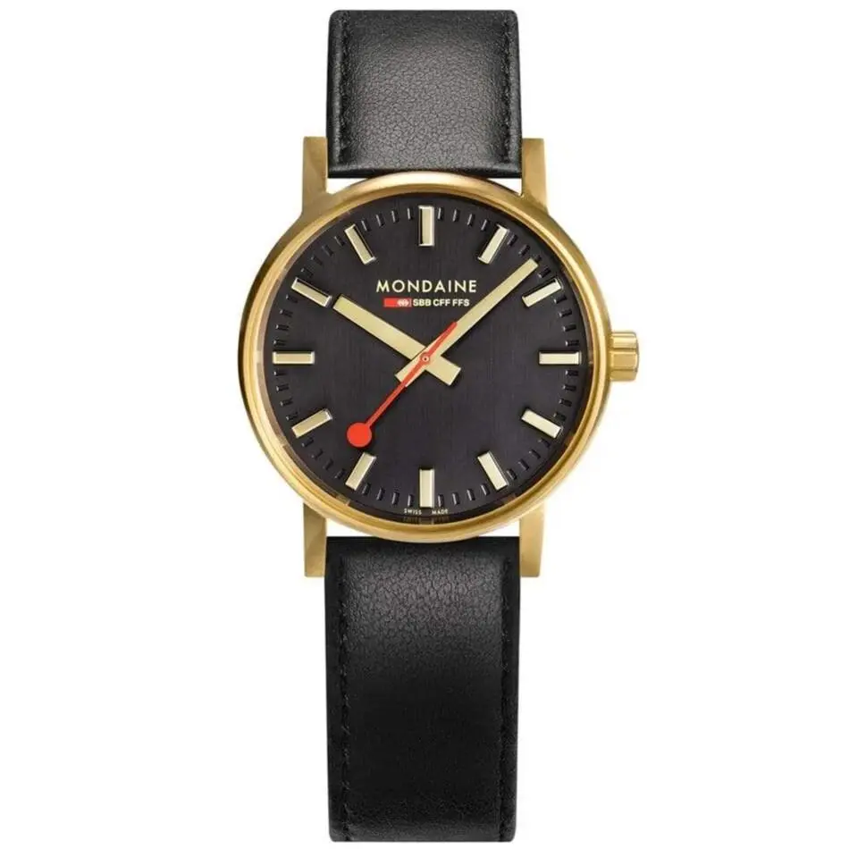 Mondaine Official Swiss Railways Watch EVO2 Gold Plated/black Leather Strap