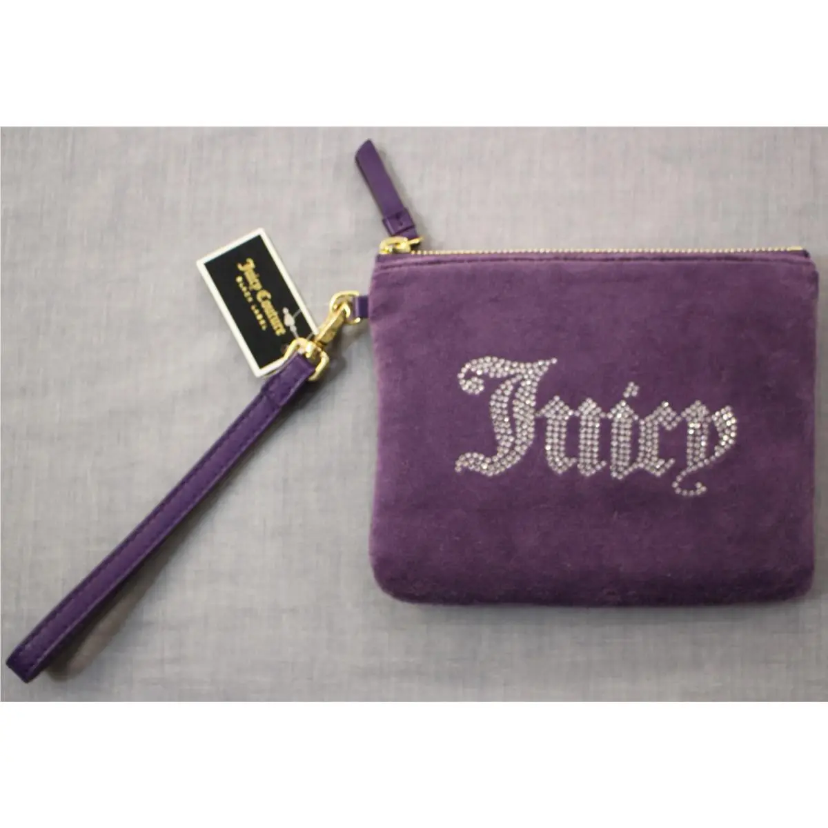 Women Purple Velvet Rhinestone Logo Mini Wristlet JCB2004 by Juicy Couture