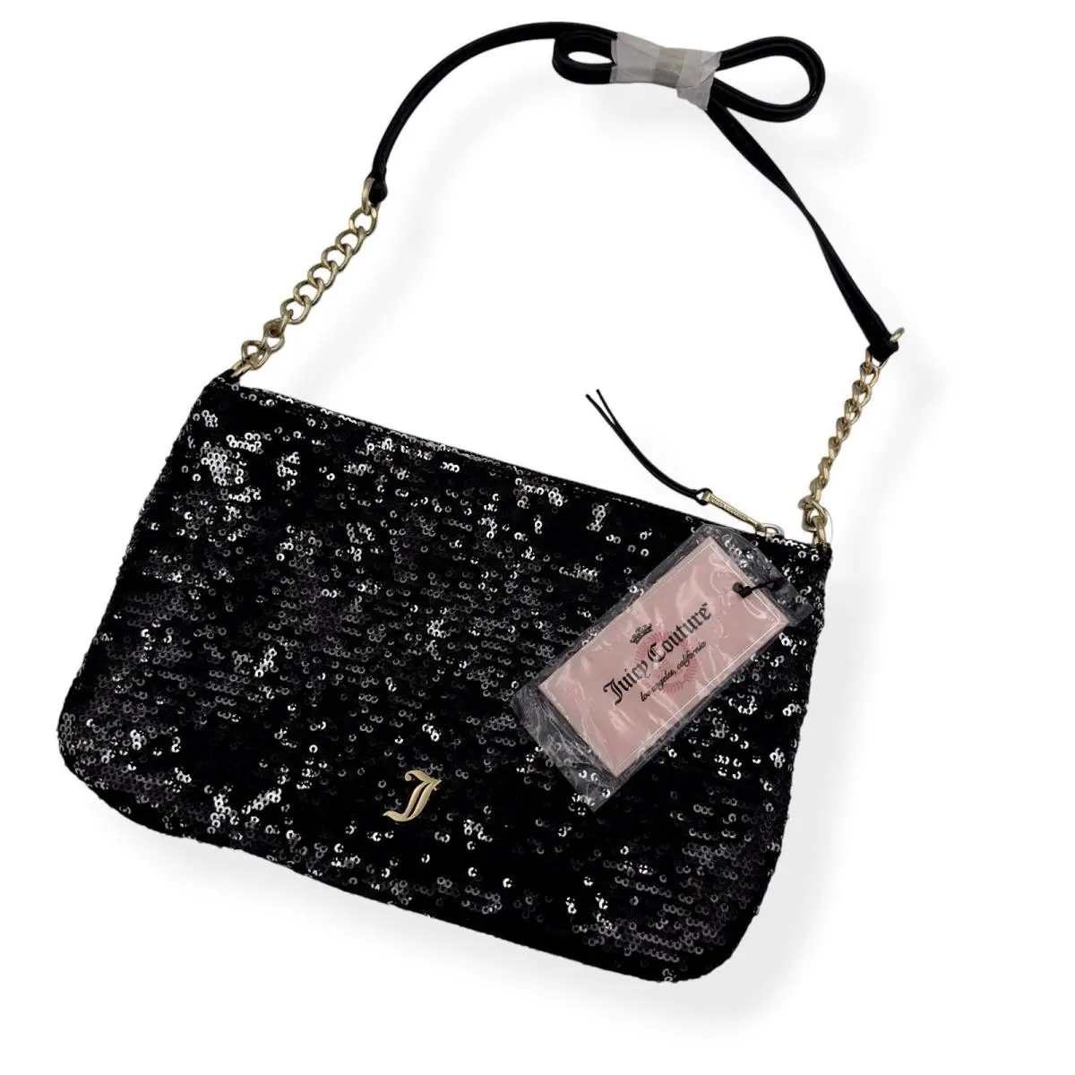 Juicy Couture Katie Crossbody Purse Bag Black Sequin Gold Chain Pink Lining