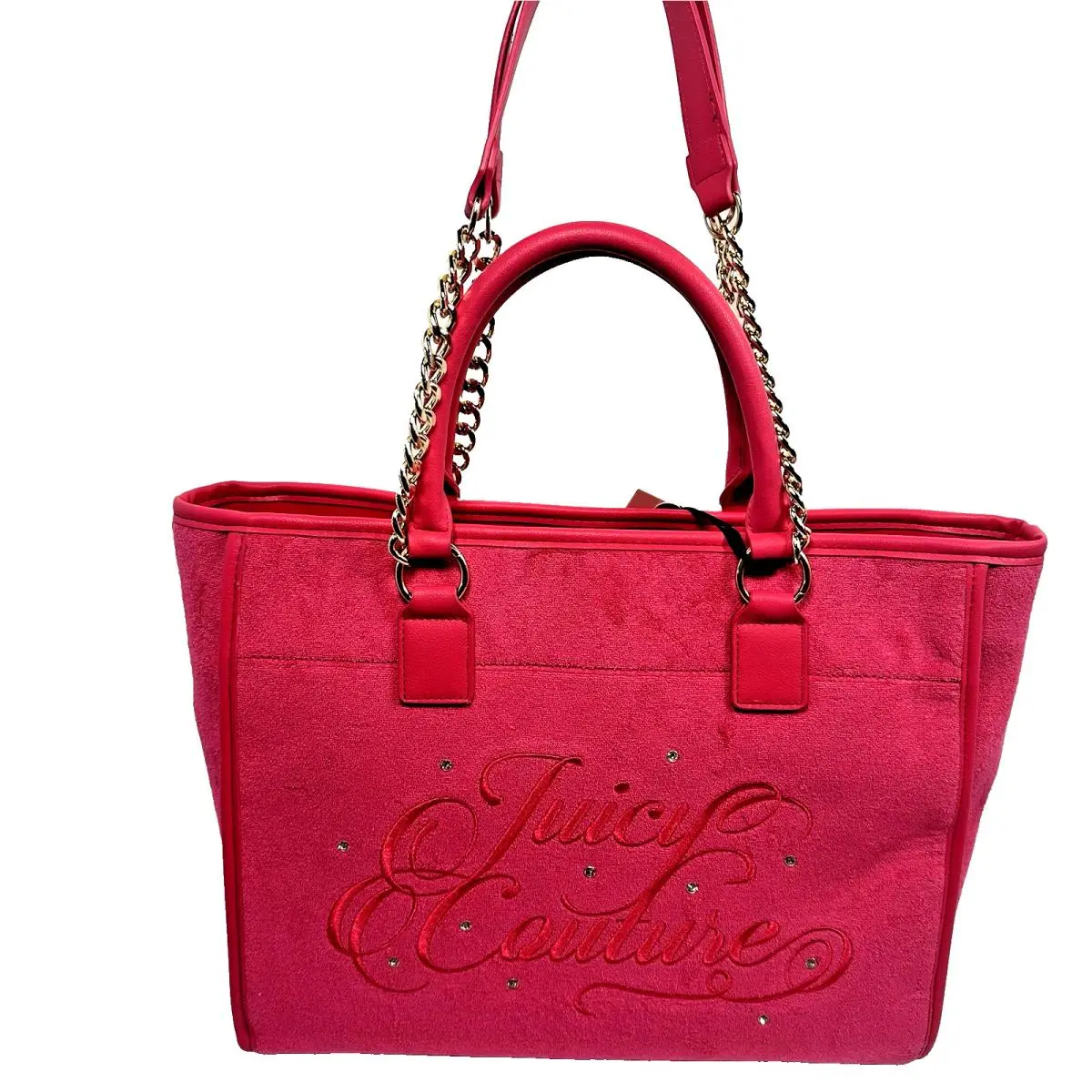 Juicy Couture Pink Flash Terry Cloth Beach Couture Tote Rhinestone Chain Y2K