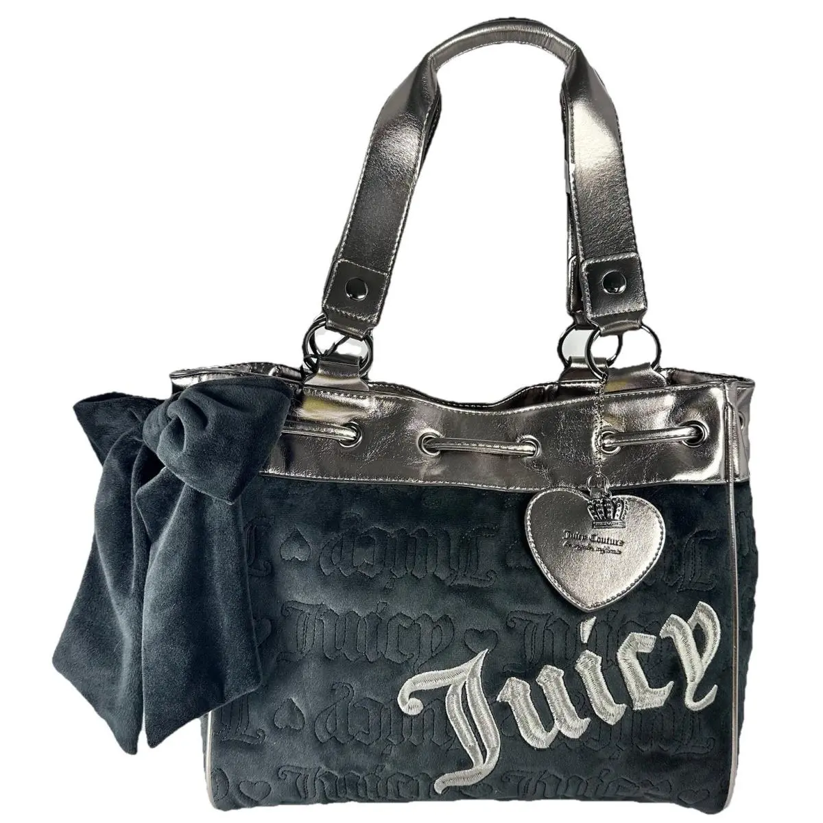 Juicy Couture Vintage Dreams Velour Tote Bag Bow Gunmetal Heart Charm
