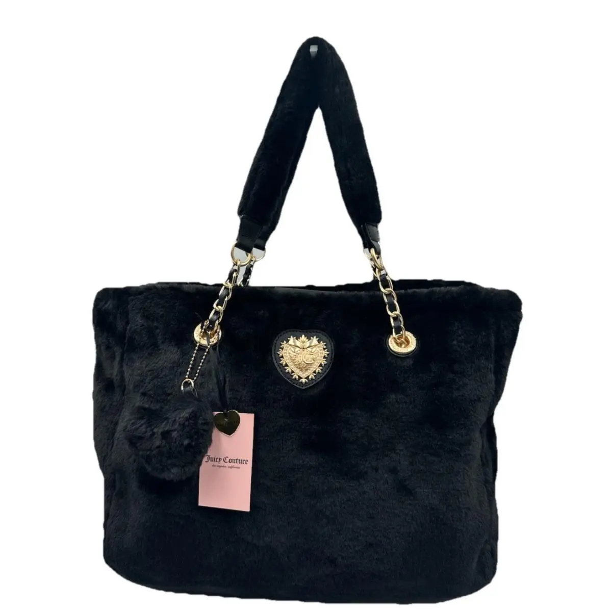 Juicy Couture Love Furry Friends Black Fur Tote Bag Gold Heart