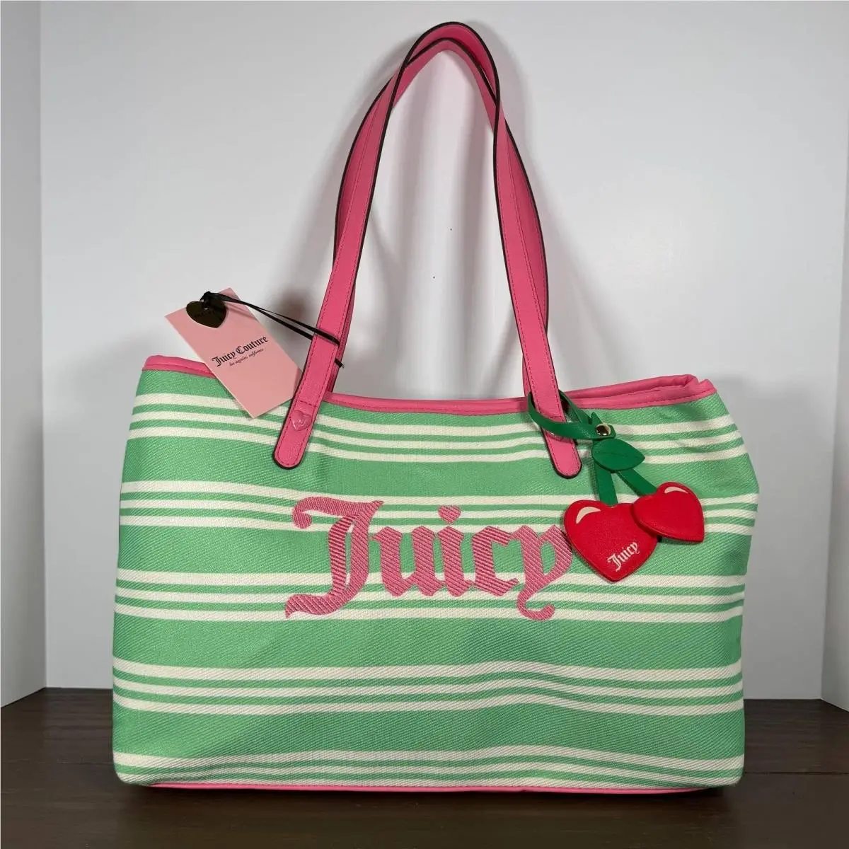 Paradise Tote Bag Green White Striped Cherry Charm Canva Large by Juicy Couture