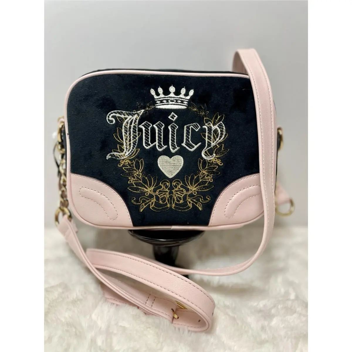 Liquorice Heritage Crossbody Black and Pink Velour Bag Purse by Juicy Couture