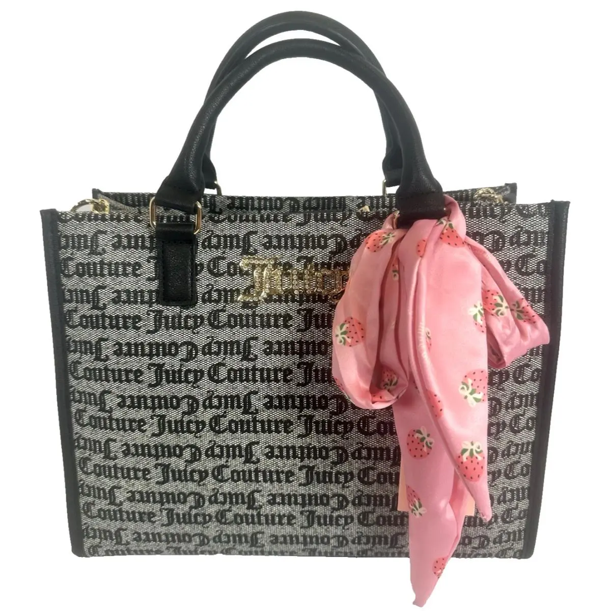 Juicy Couture Drama Queen Tote Bag Black Beige Logo Strawberry Scarf Charm