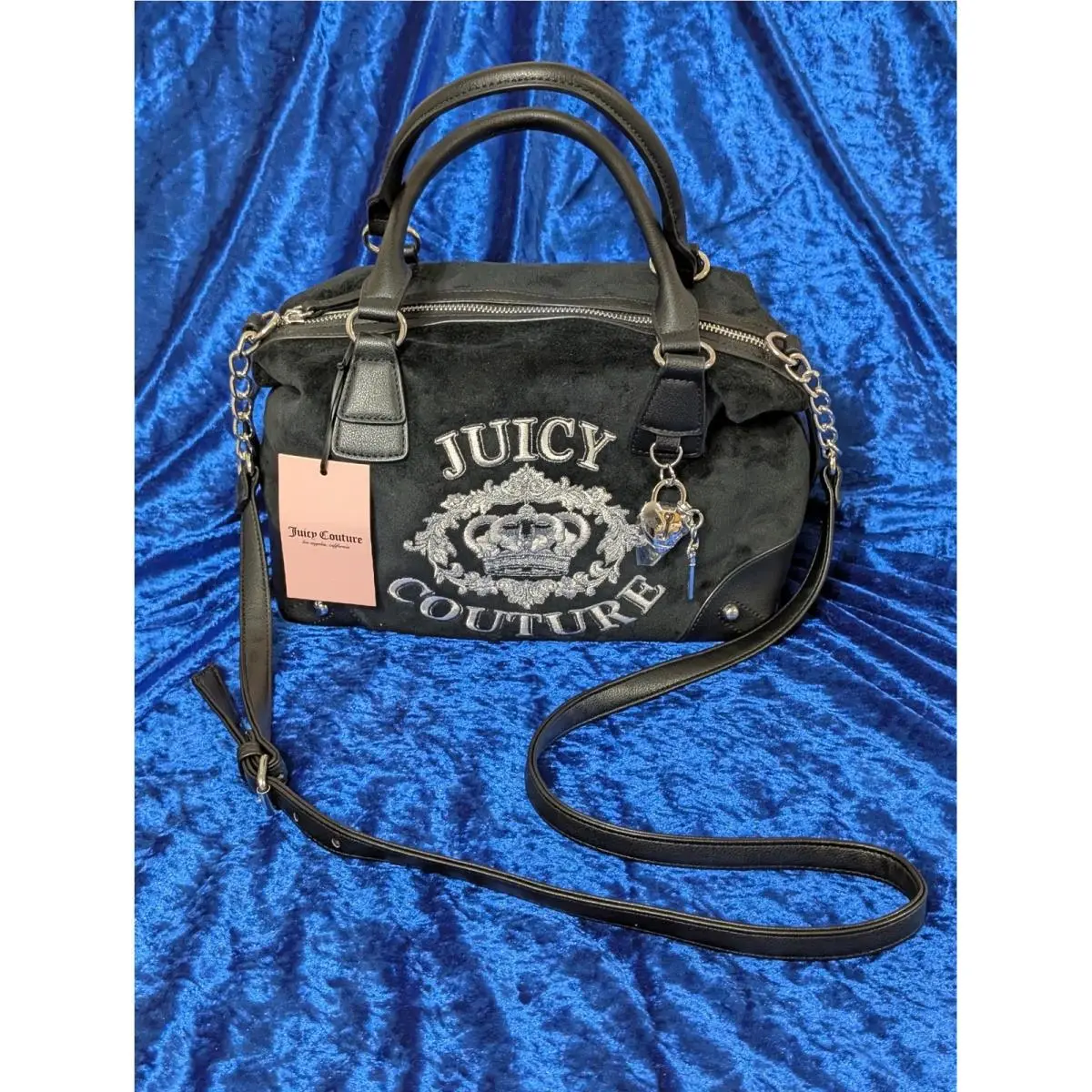 Black Velour Satchel Crossbody Bag Silver Crown Logo Heart Charm by Juicy Couture