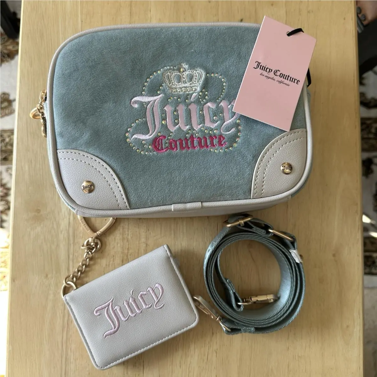 Juicy Couture Heritage Camera Crossbody Bag Sage w Card Holder Wallet Crown