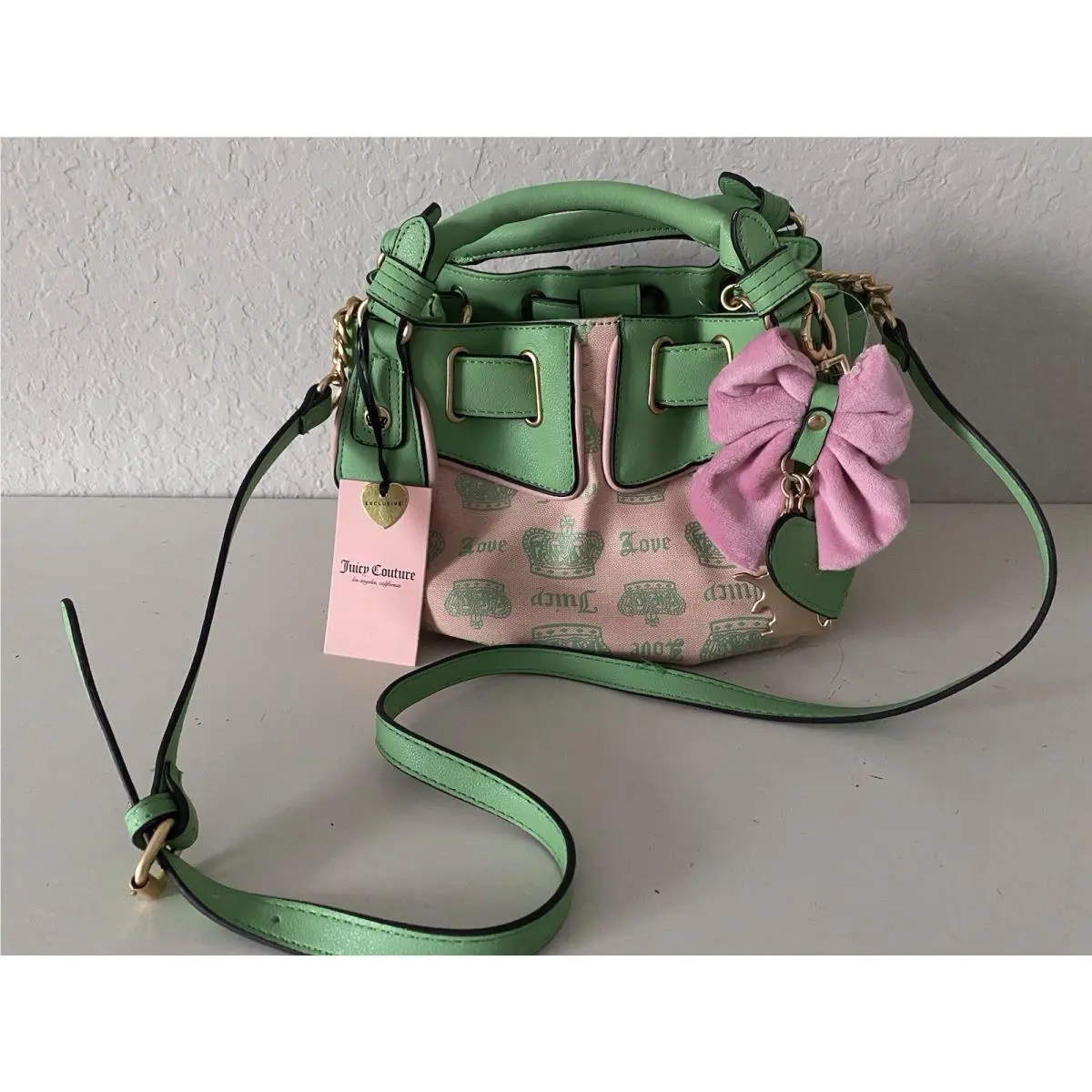 Juicy Fan Club Crossbody Bag Pink Diamond Retro Green Bow Charms by Juicy Couture