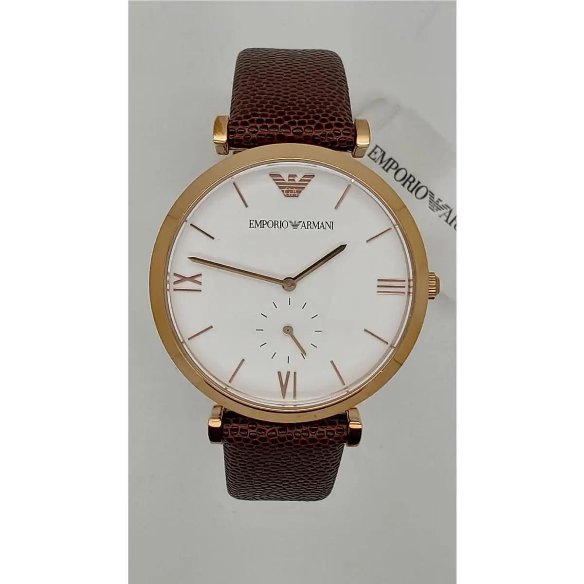 AR9042 Rose Gold Tone White Dial Brown Leather Band Mens Watch by Emporio Armani