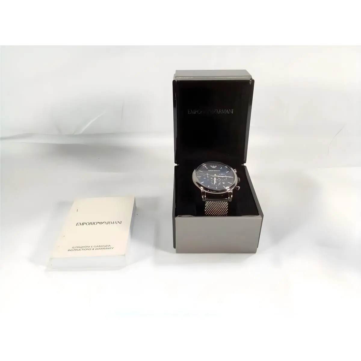 Men`s Chronograph Watch with Dark Dial and Silver Mesh Bracelet by Emporio Armani