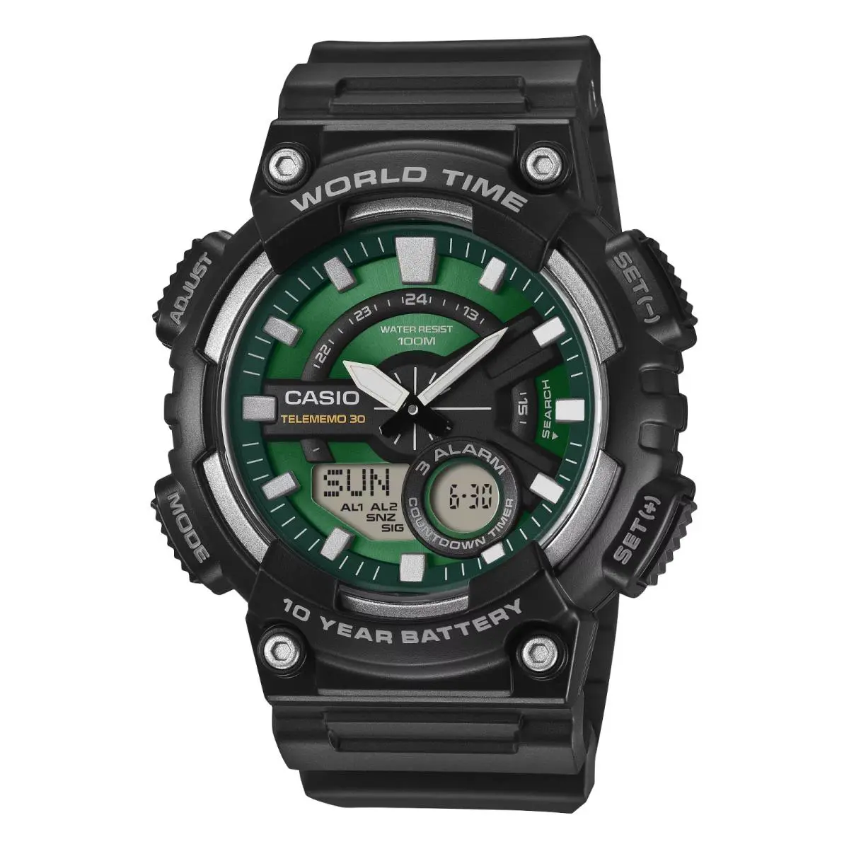 Casio AEQ110W-3A2V Telememo 30 Watch 100M 3 Alarms Chronograph World Time