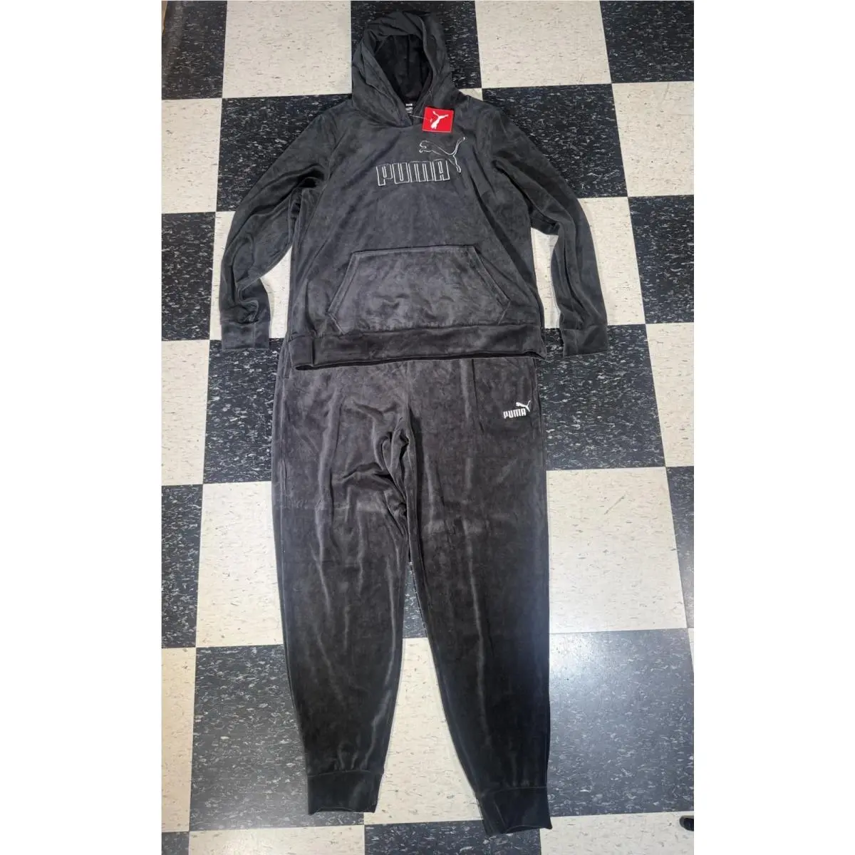 Puma Velour Tracksuit Jacket Pants Set Mens XL Black Silver Full Zip Taper