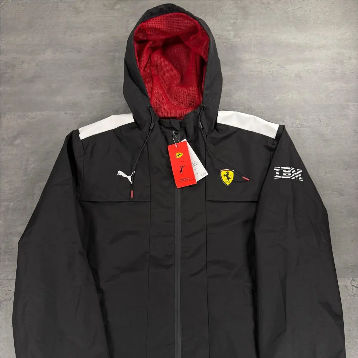Puma Ferrari Rain Jacket Mens Medium Black Red White Scuderia F1 Ibm Racing Coat
