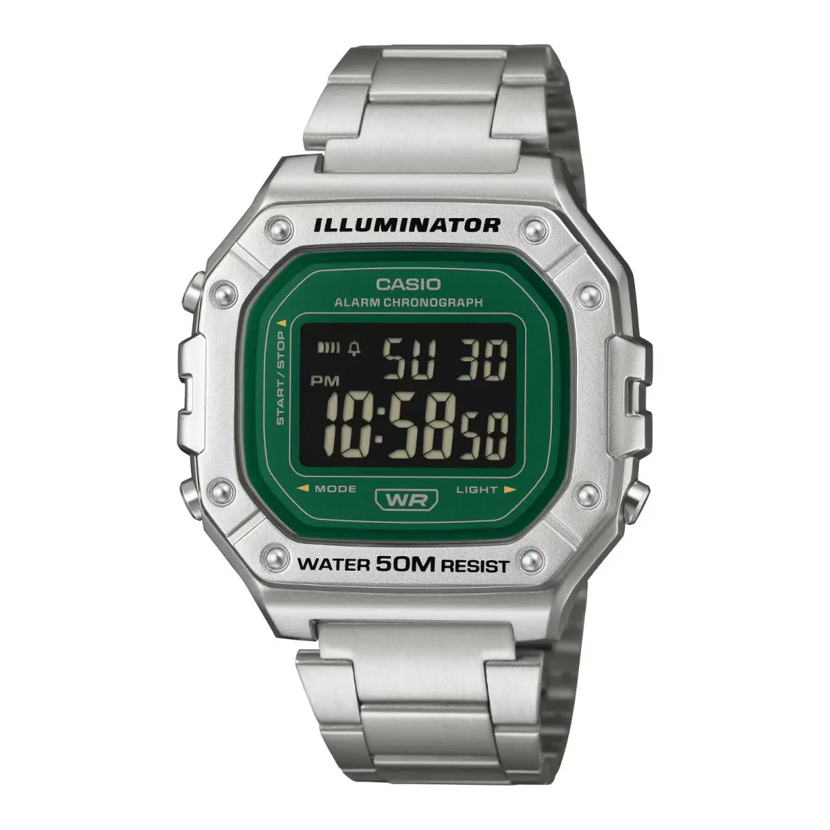 Casio W218HD-3AV 50 Meter WR Chronograph Watch Alarm Illuminator - Band: Silver, Bezel: Silver