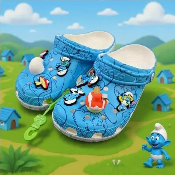 Crocs Women`s 6 8 Smurfs Classic Clog Blue Character Jibbitz Shoes