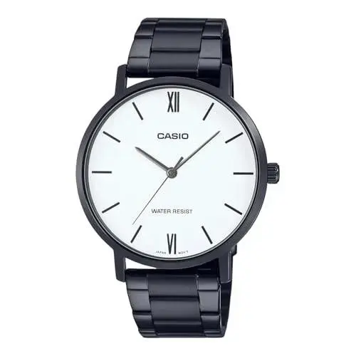 MTP-VT01B-7B Men`s Black Stainless Steel White Dial Analog Watch Box by Casio