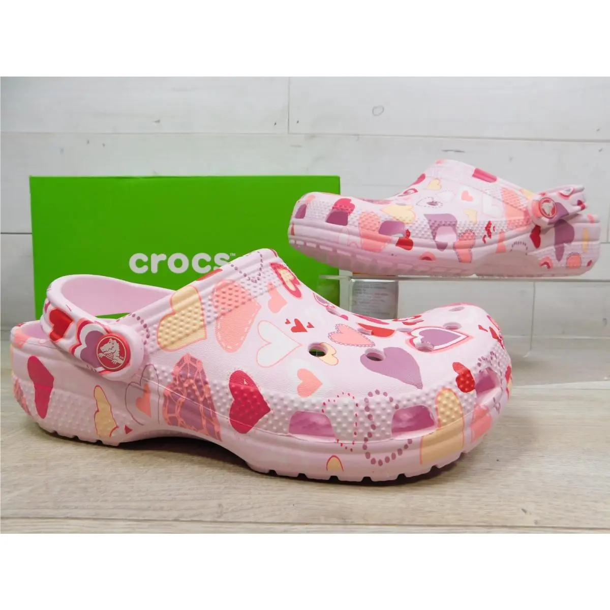 Crocs Classic Clog Vday Valentine Hearts Pink Milk Kids Size J6 Womens 8
