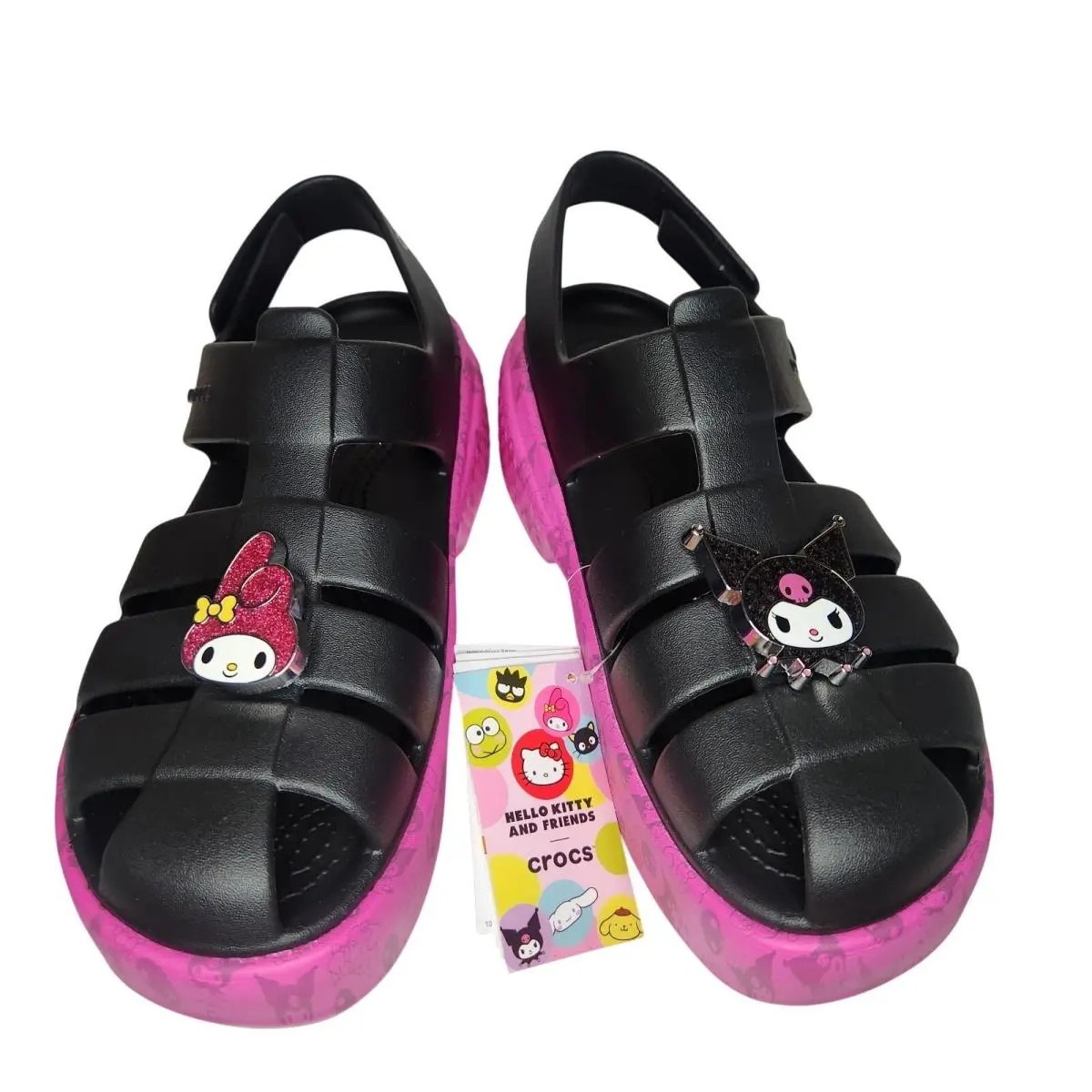 Crocs Sandals W9 M11 Black Pink Platform Hello Kitty Kuromi Whimsigoth