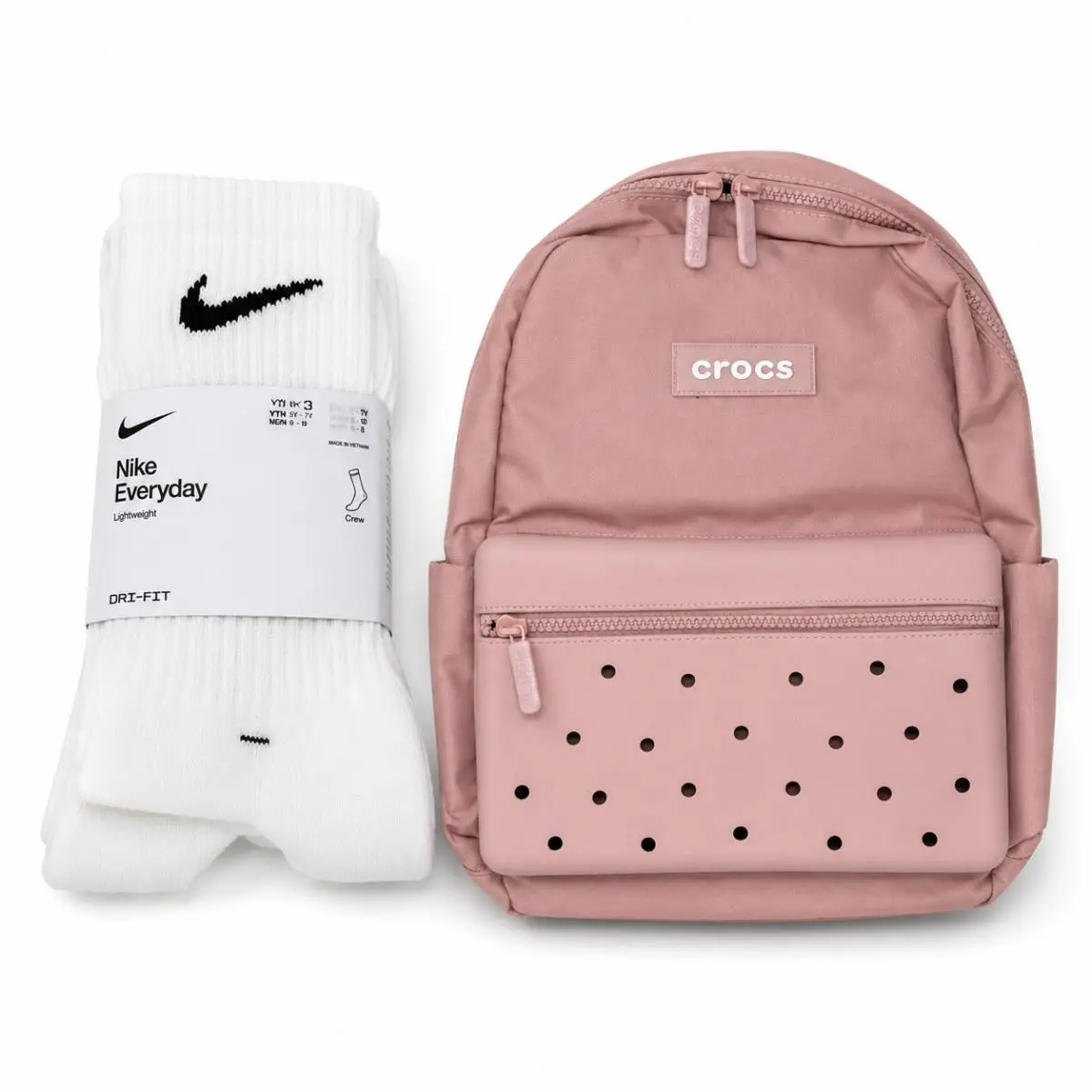 Crocs Pink Backpack + Nike Everyday Dri-fit Crew Socks 3-Pack Medium Bundle