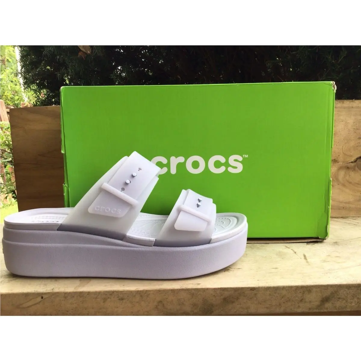 Crocs Brooklyn Buckle Purple Moon Platform Wedge Slides Sandals Womens Size 8