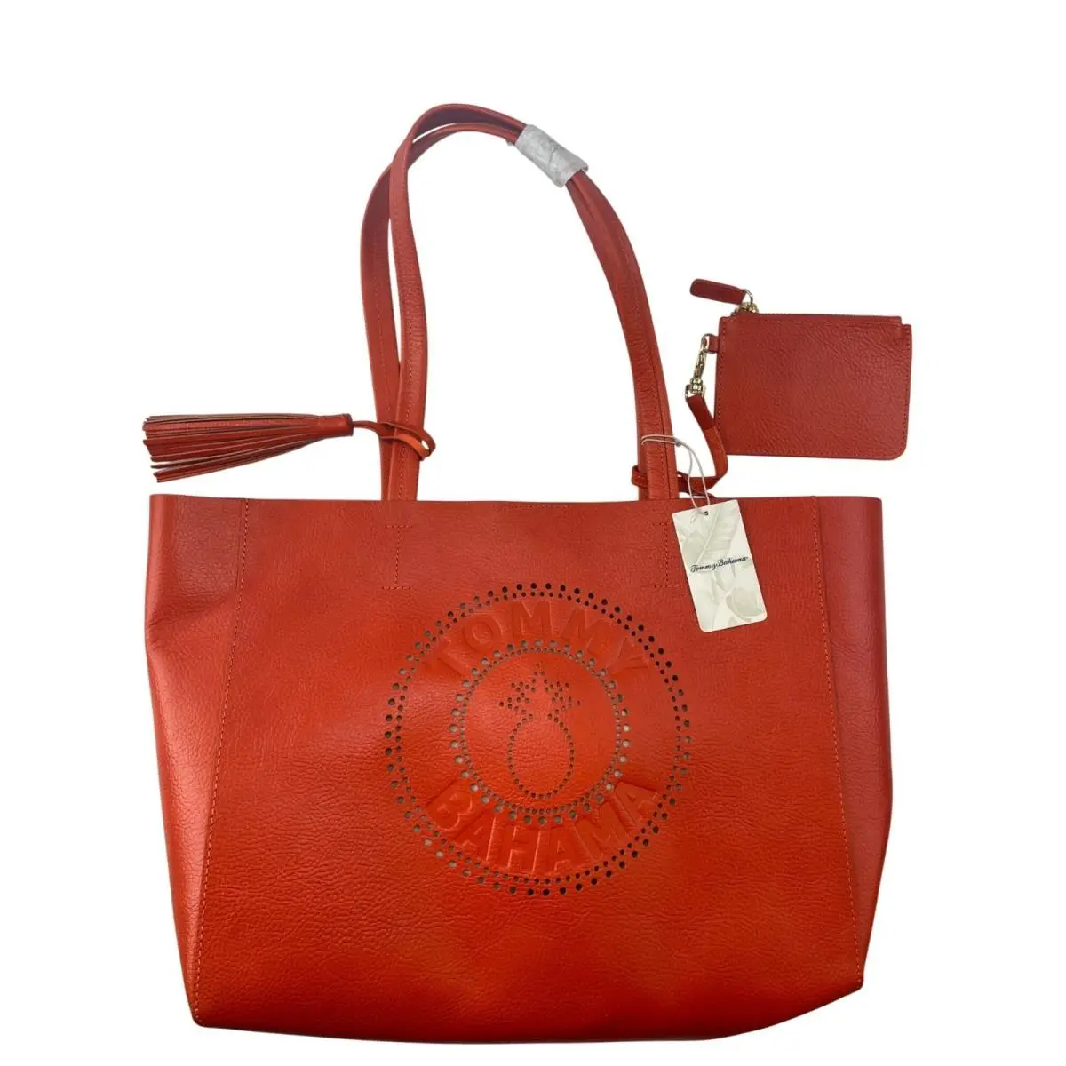 Tommy Bahama Perforated Orange Leather Tote W/tassel Match Pouch