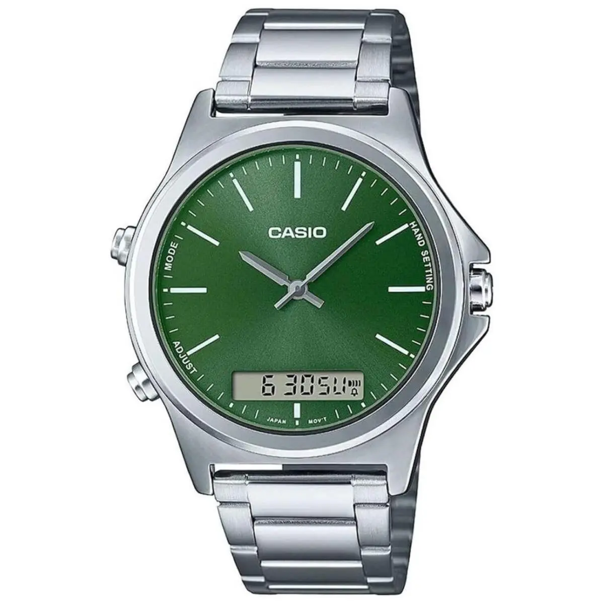 Men`s Casio Ana-digi Green Dial Stainless Steel Band Watch MTPVC01D MTP-VC01D-3E