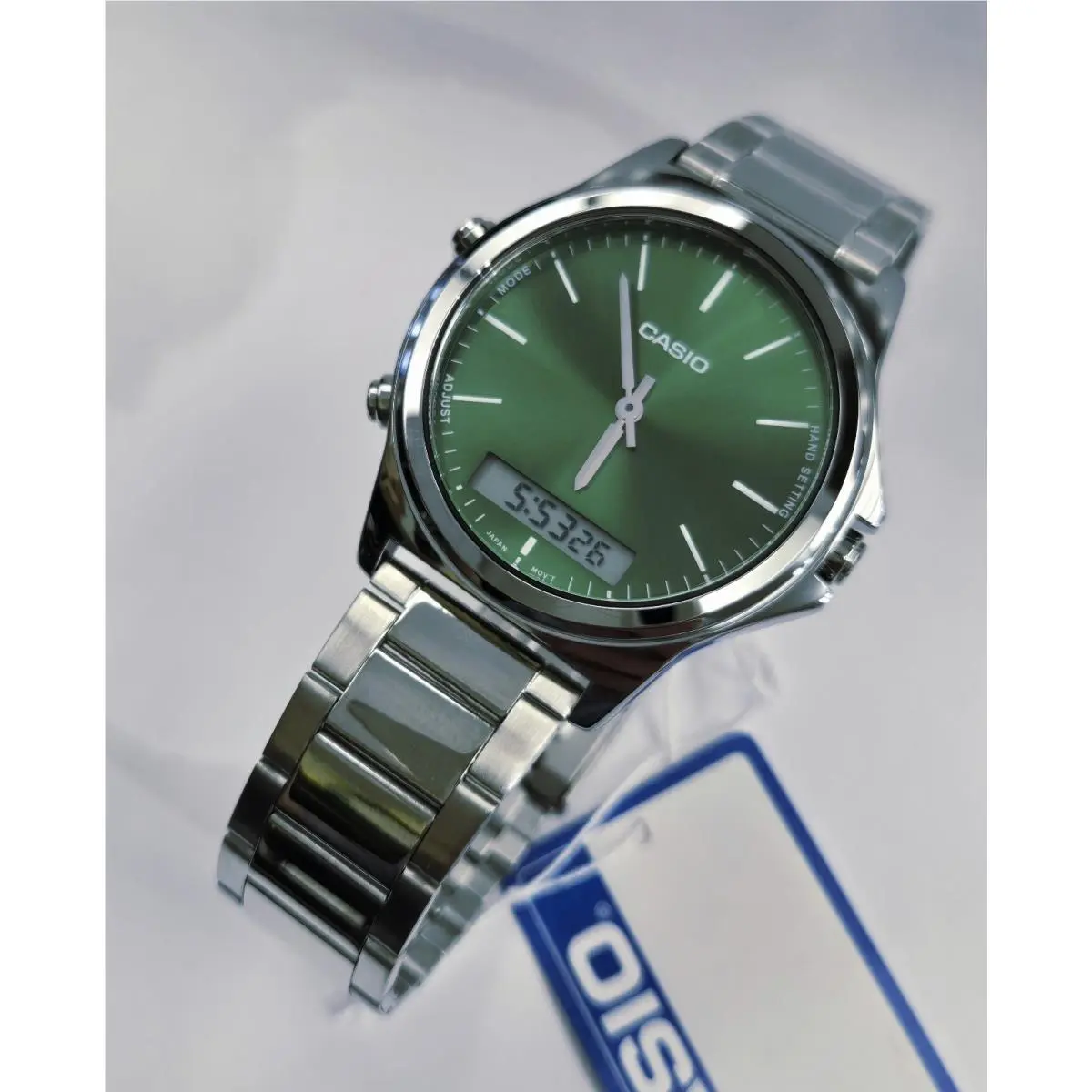 Casio Analog Digital Men`s Quartz Watch MTP-VC01D-3 Green Dial Stainless Steel