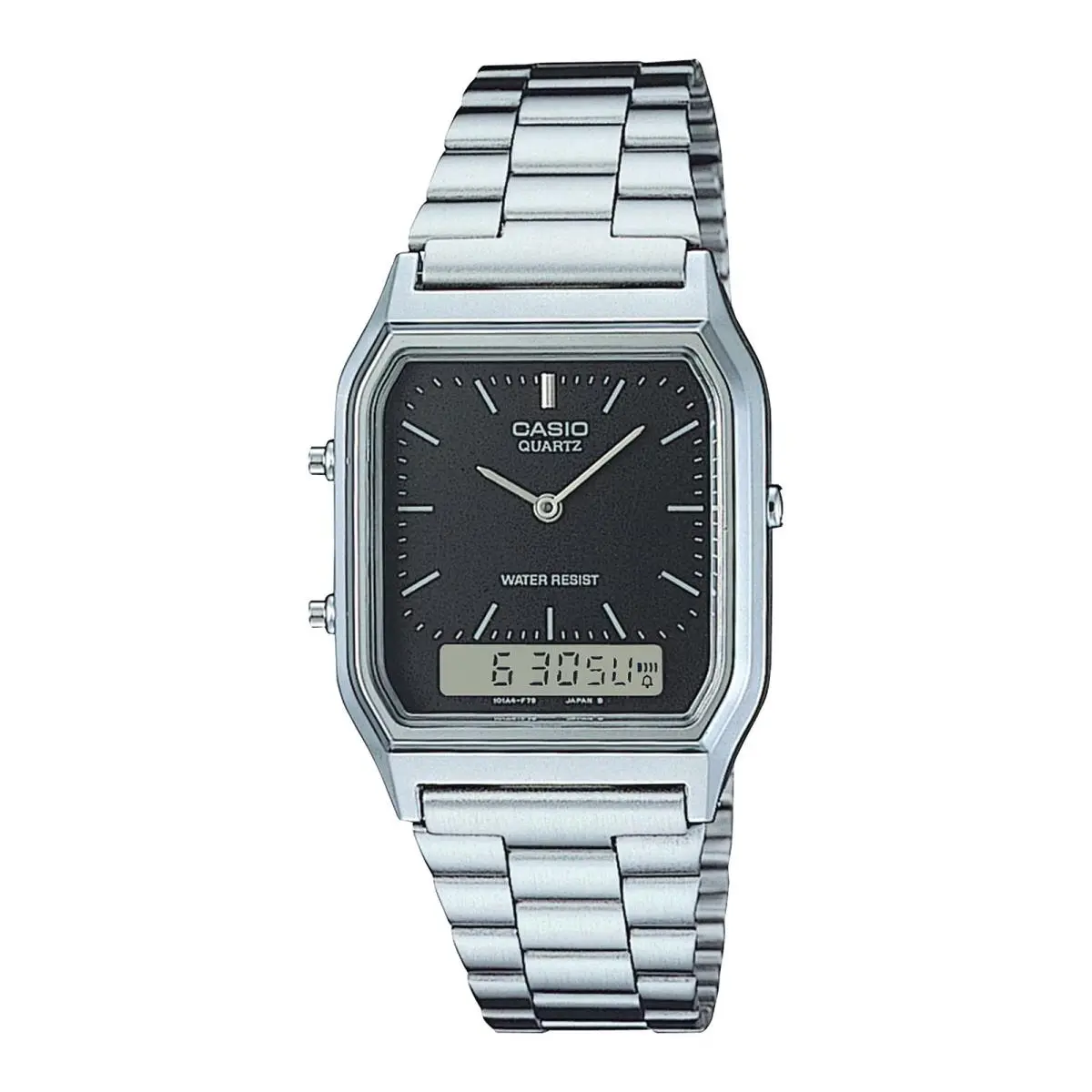 Casio Men’s Silver Analog Digital Watch Black Dial Steel Bracelet - AQ-230A-1D