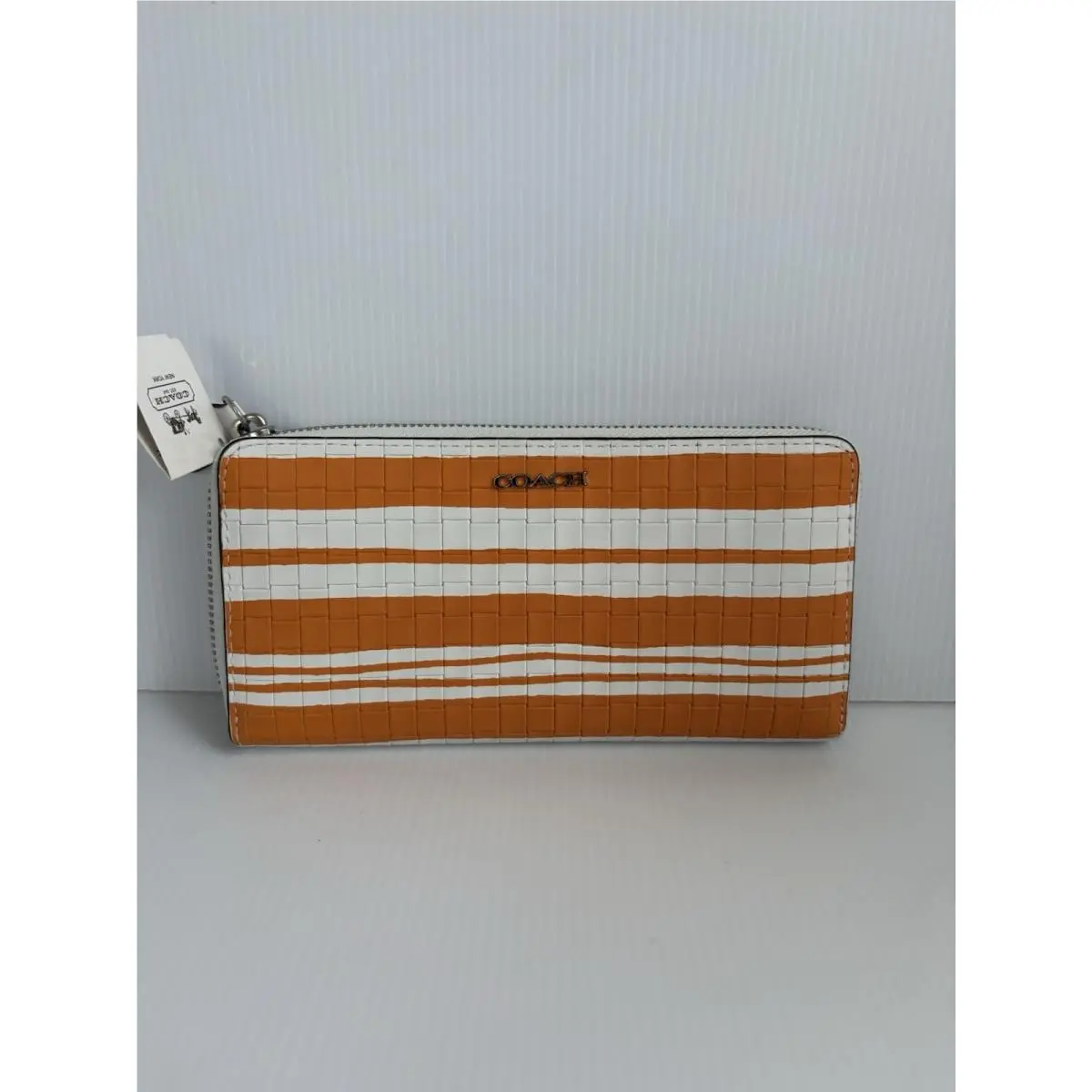 Coach Bleecker Wallet Orange and White Embossed Woven Leather Stripes