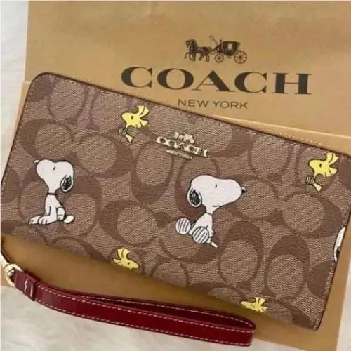 x Peanuts Long Zip Around Wallet Snoopy Woodstock Khaki Signature CE705 by Coach