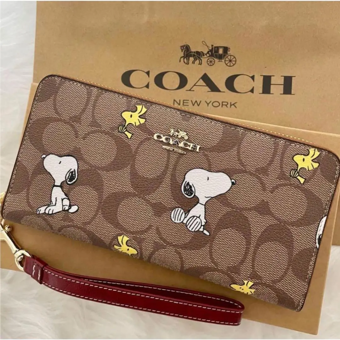 x Peanuts Long Zip Around Wallet Snoopy Woodstock Khaki Signature CE705 by Coach