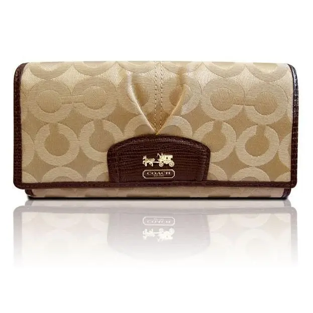 Coach Wallet Beige Canvas Leather Trim Flap Snap Closure Horse Carriage Logo