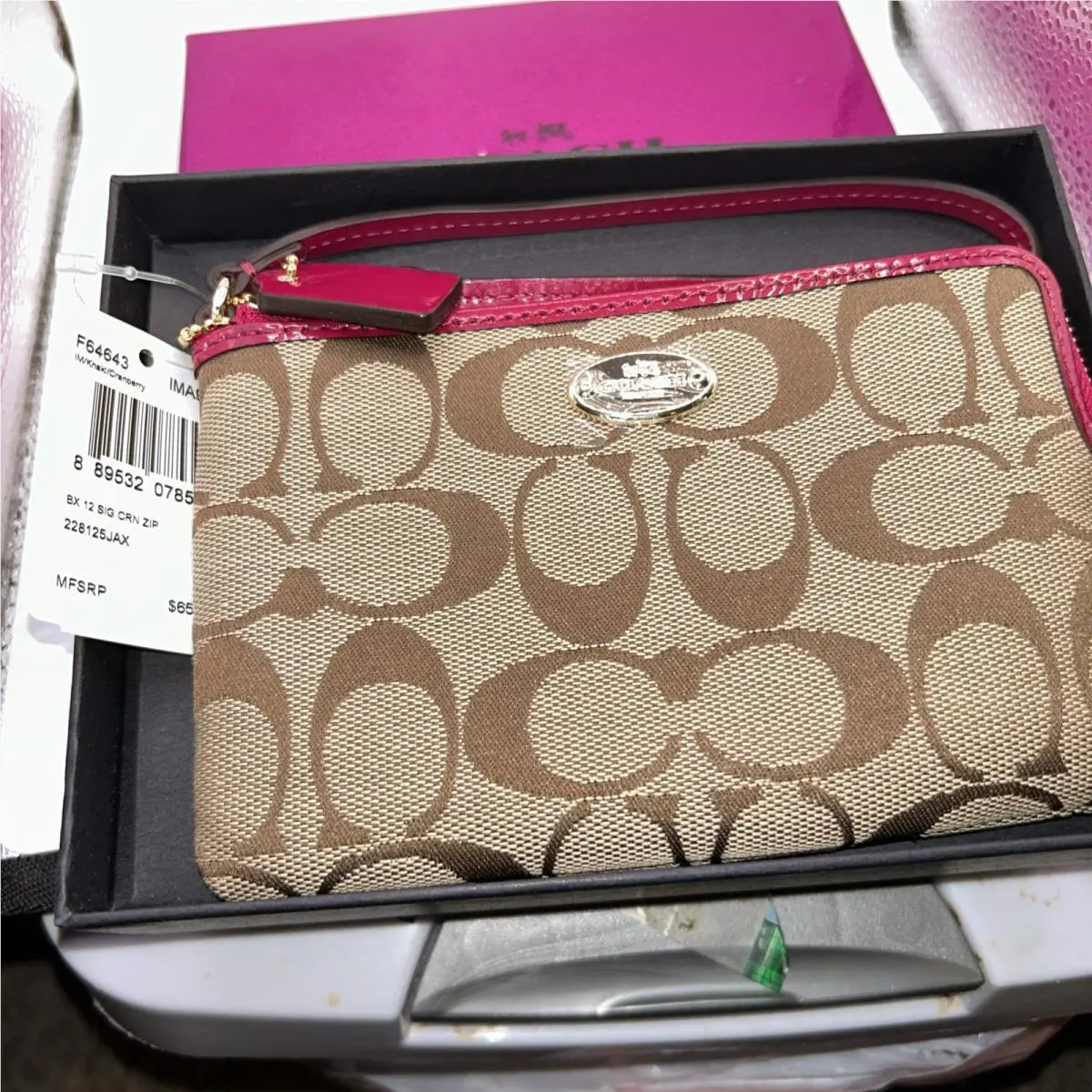 Zip Wristlet W/credit Card Slots Khaki/cranberry F64643 by Coach