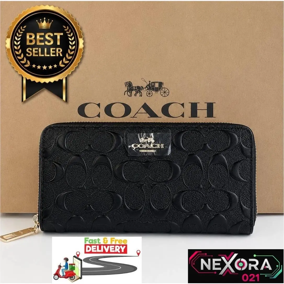 Coach F53834 Black Signature Leather Long Zip Around Women Wallet Card Holder