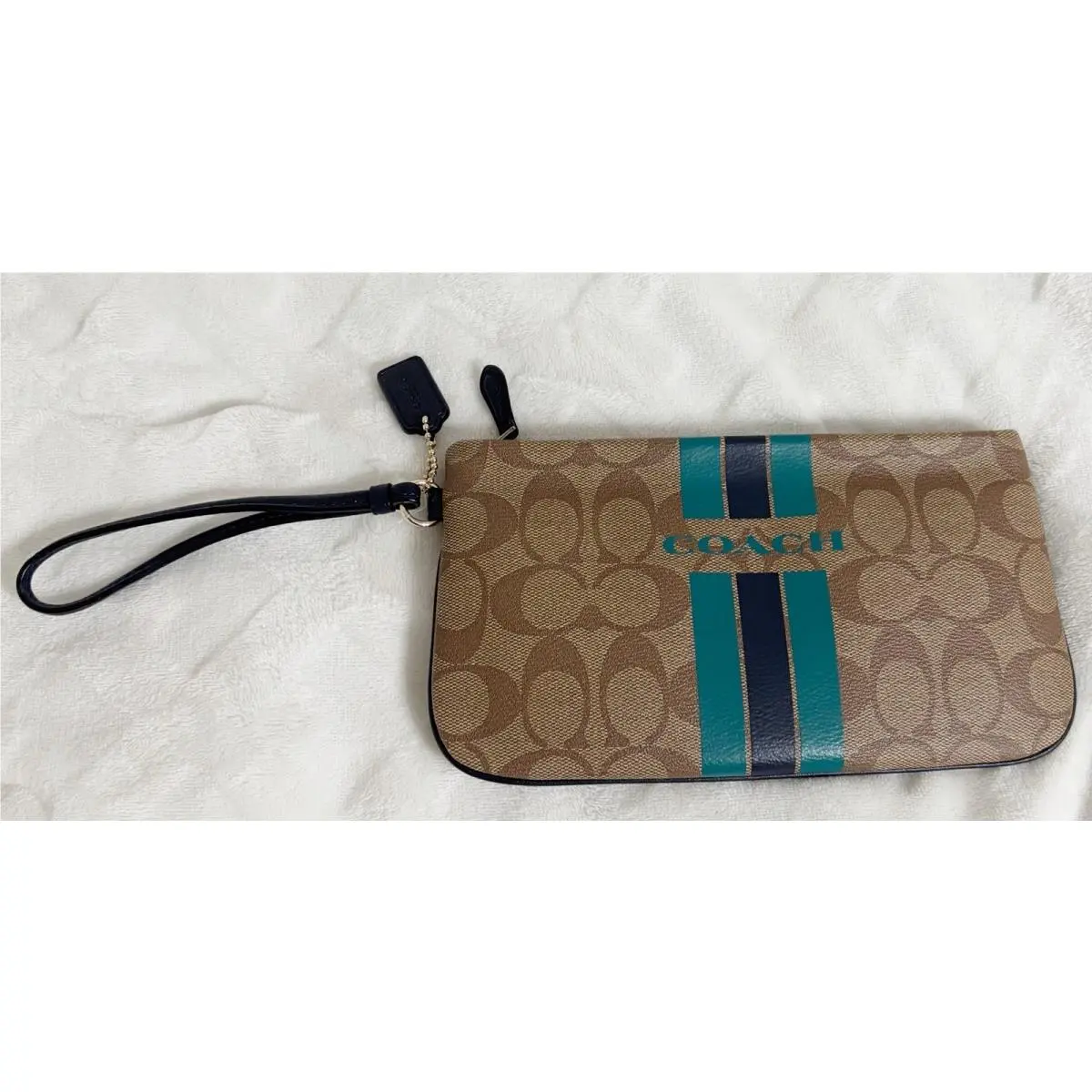 Coach Signature Varsity Stripe Large Khaki Teal Wristlet Bag F66463