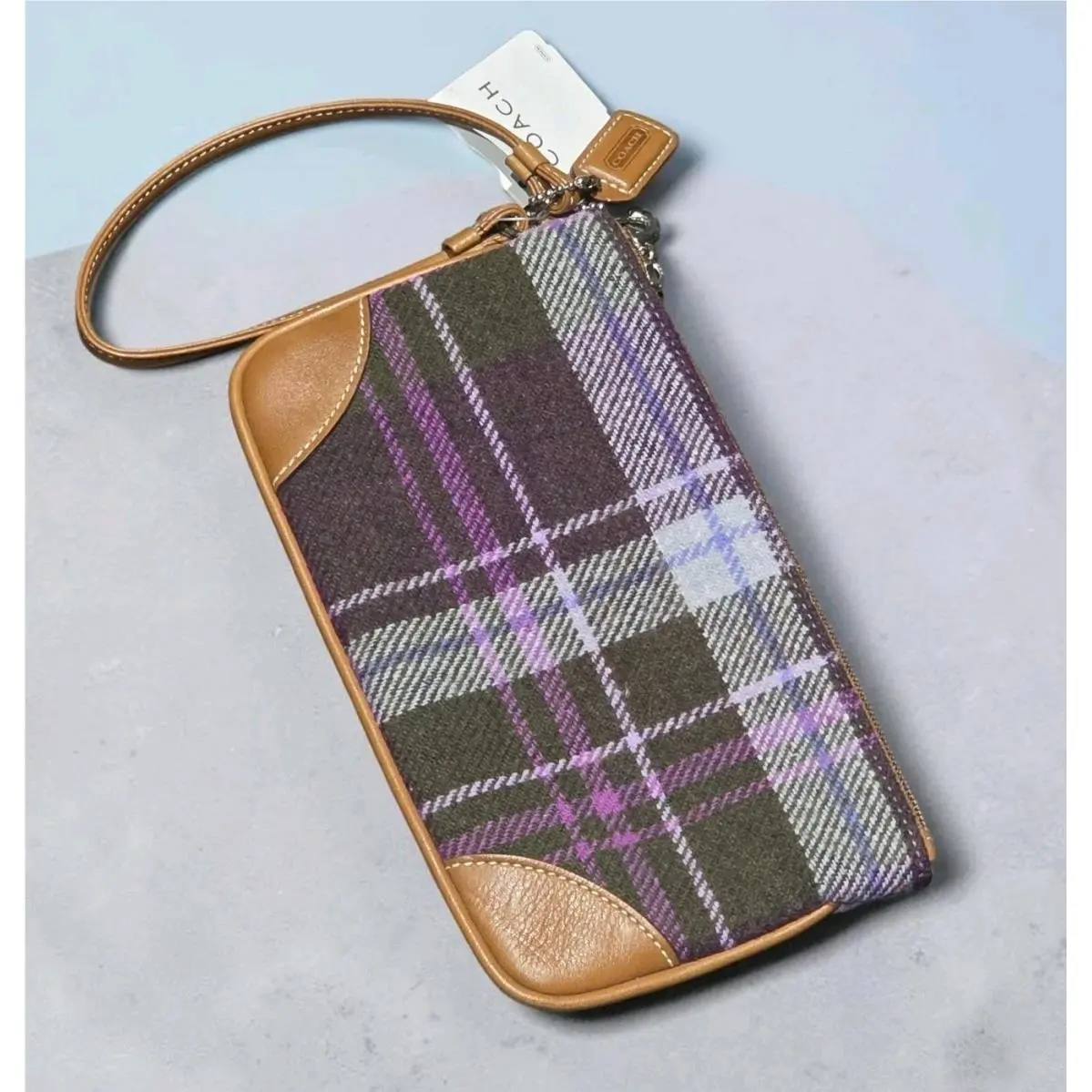 Coach Plaid Tartan Wristlet Pouch Purple Brown Leather Trim Hang Tag