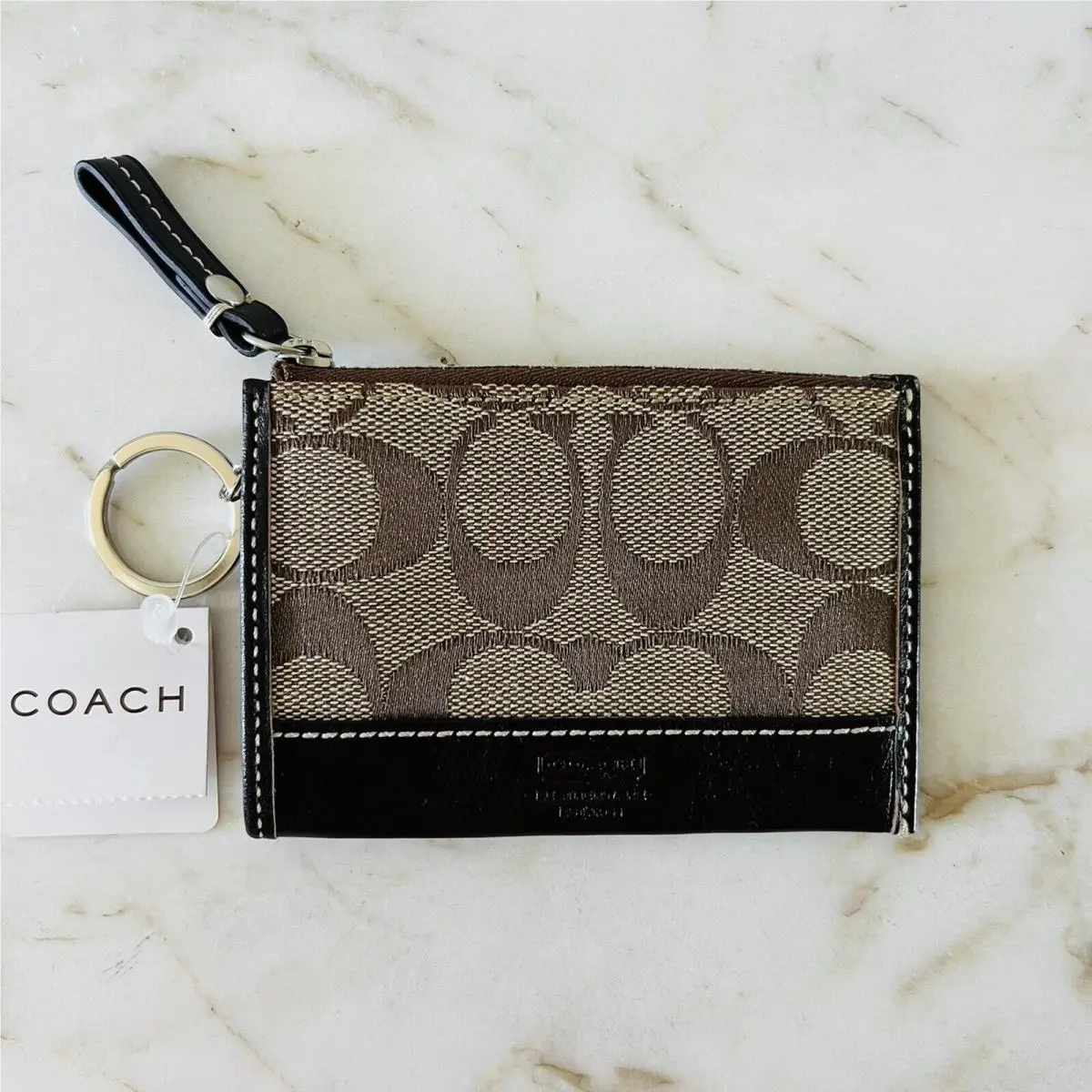 Coach Khaki Chestnut Signature Mini Skinny Cardholder Keychain Keyring Wallet