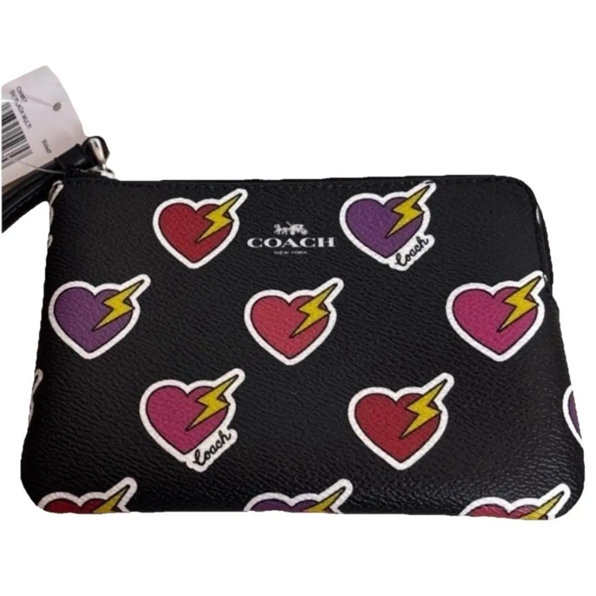 Corner Zip Wristlet Black Multi Heart Lightning Bolt Leather CN857 by Coach