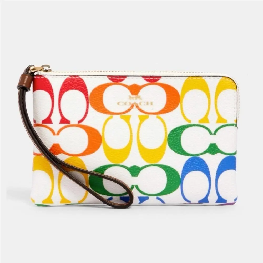 Coach Rainbow Pride Corner Zip Wristlet Signature Canvas Wallet Card Holder