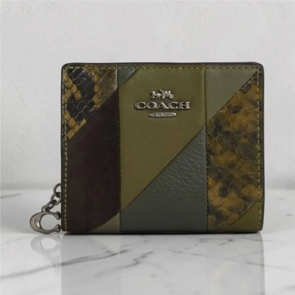 Coach Snap Wallet Patchwork Snake Print Leather CCL77 Olive Green Gold