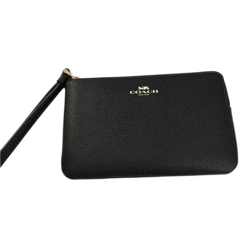 Corner Zip Crossgrain Leather Wristlet in Solid Black 6x4 by Coach