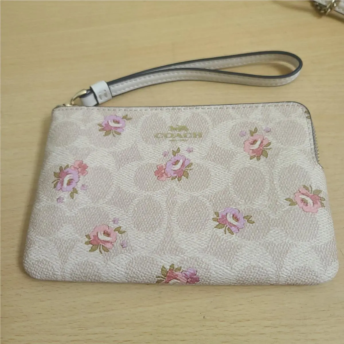 Coach Signature Floral Zip Wristlet Wallet Beige Pink Canvas
