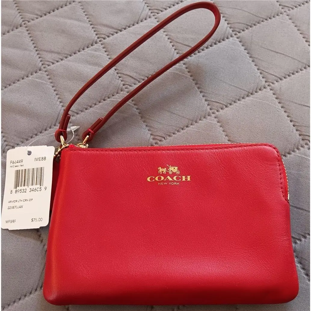 Coach Wristlet Wallet Armor Leather Corner Zip Classic Red F66449 W/tag